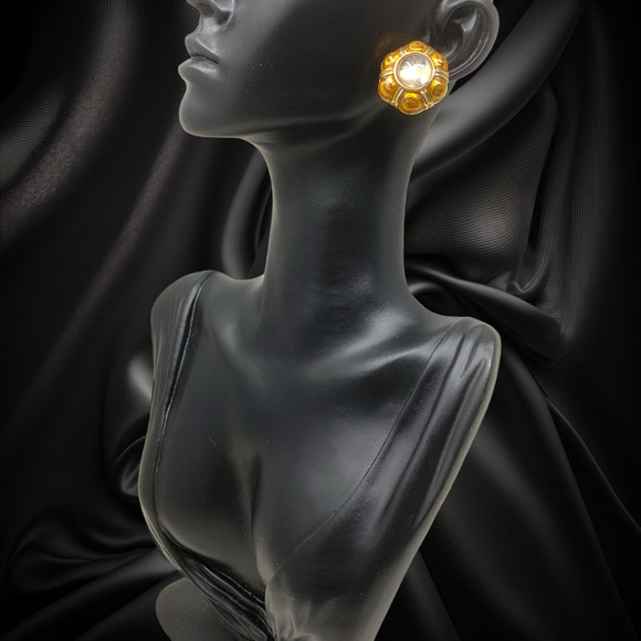 Vintage 1960's Clear & Gold Glass Gold Tone Hexagon Earrings Clip On Couture - Picture 4 of 5